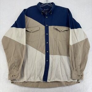 Wrangler Western Shirt Mens XL Colorblock Cotton Long Sleev Blue Tan Vintage Y2K